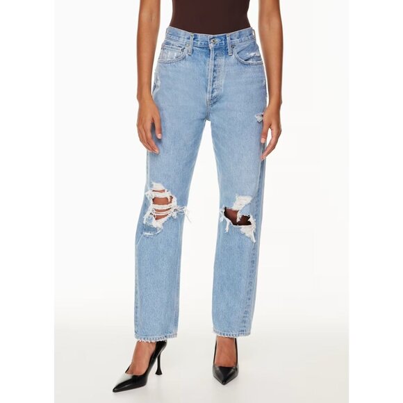AGOLDE 90's Fall Out Light Wash Mid Rise Ripped Straight Leg Jeans, Size 23 - Picture 2 of 14
